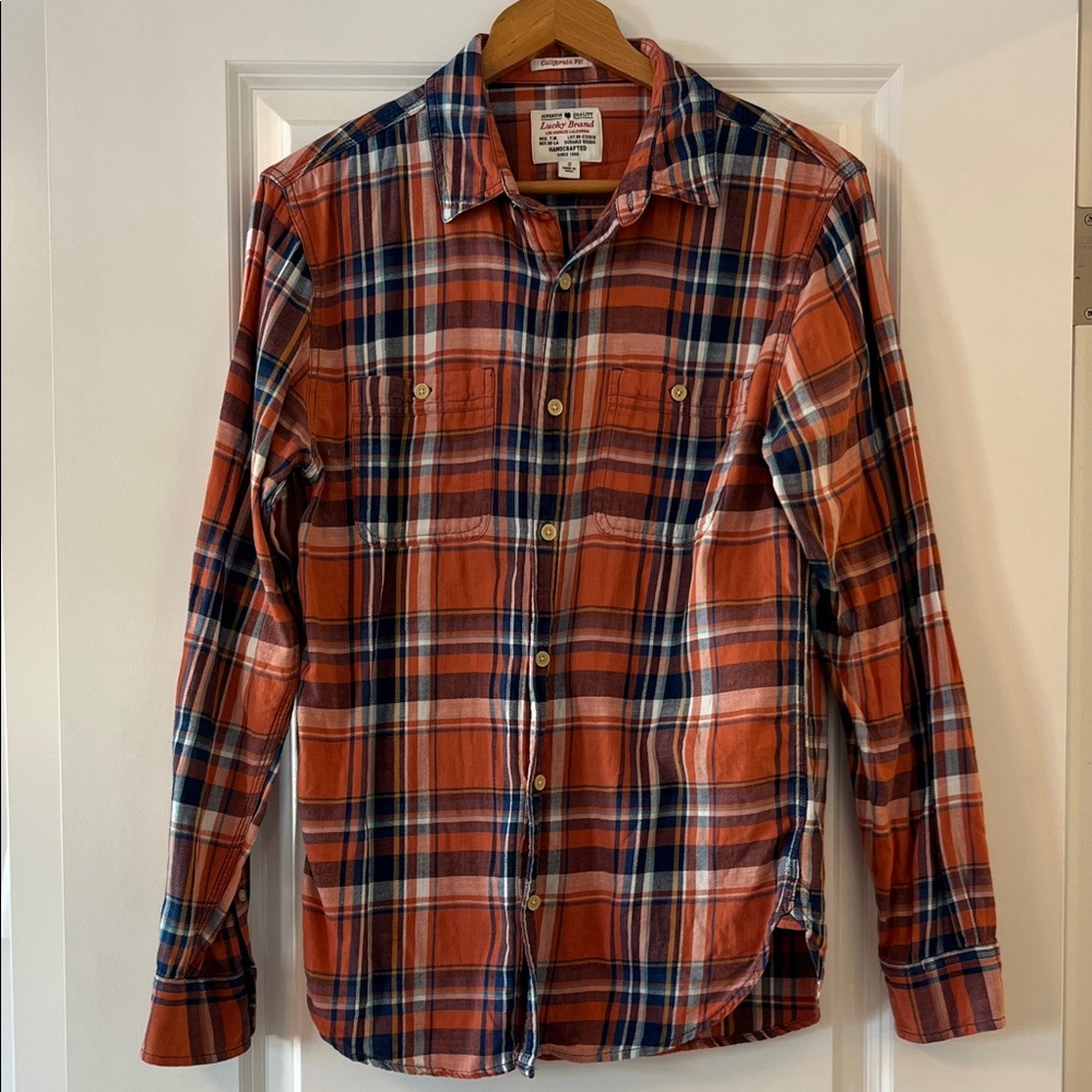 Lucky Brand Men's Casual Plaid Shirt - Orange, White and Navy